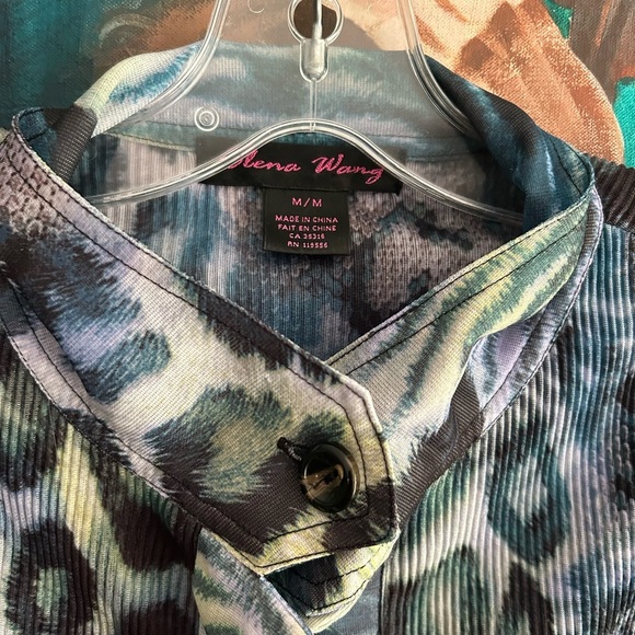 Elena Wang Elegant Blue Animal Print Blouse M - Picture 10 of 16